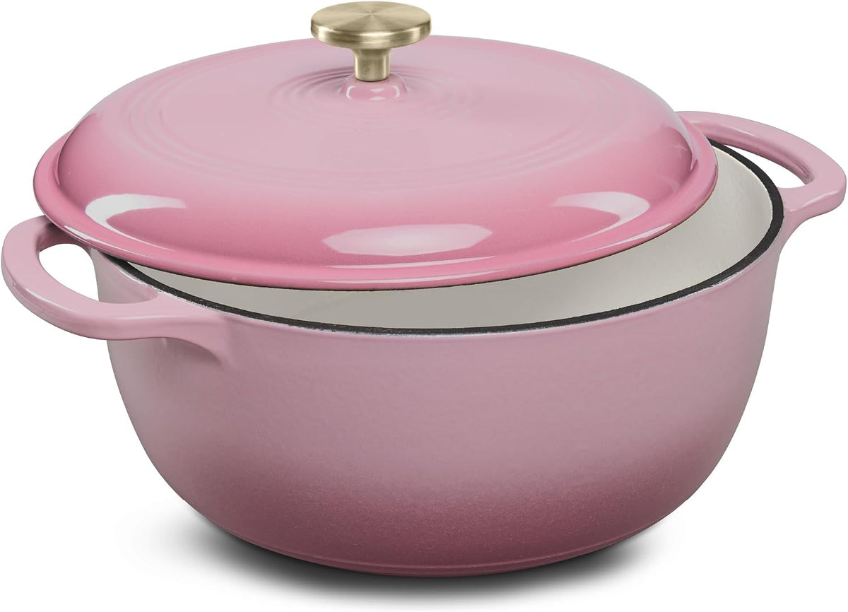 7.5 Quart Enamel Cast-Iron Round Dutch Oven, Family Style Heavy-Duty Pre-Seasoned Cookware for Home, Kitchen, Dining Room, Oven Safe w/Lid, Dual Handles - Pink Champagne