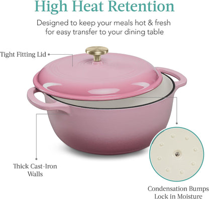 7.5 Quart Enamel Cast-Iron Round Dutch Oven, Family Style Heavy-Duty Pre-Seasoned Cookware for Home, Kitchen, Dining Room, Oven Safe w/Lid, Dual Handles - Pink Champagne
