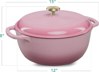 7.5 Quart Enamel Cast-Iron Round Dutch Oven, Family Style Heavy-Duty Pre-Seasoned Cookware for Home, Kitchen, Dining Room, Oven Safe w/Lid, Dual Handles - Pink Champagne