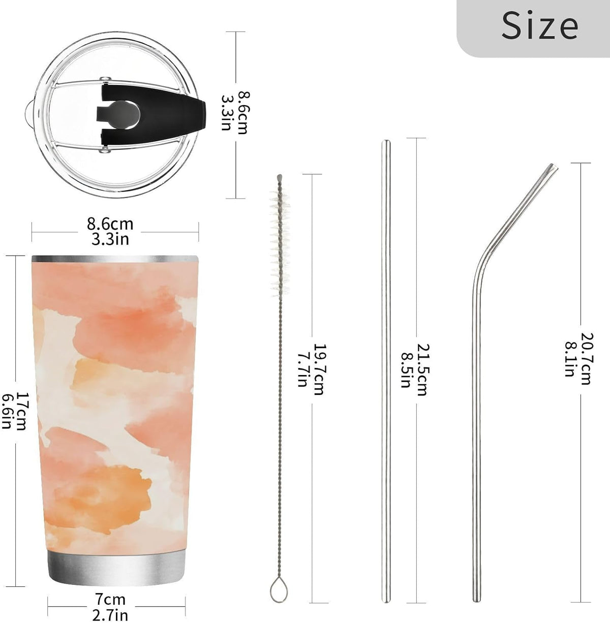 Peach Pattern 20 oz Tumbler with Lid and Straw Stainless Steel Double Wall Vacuum Tumblers Insulated Travel Coffee Mug for Cold and Hot Drinks
