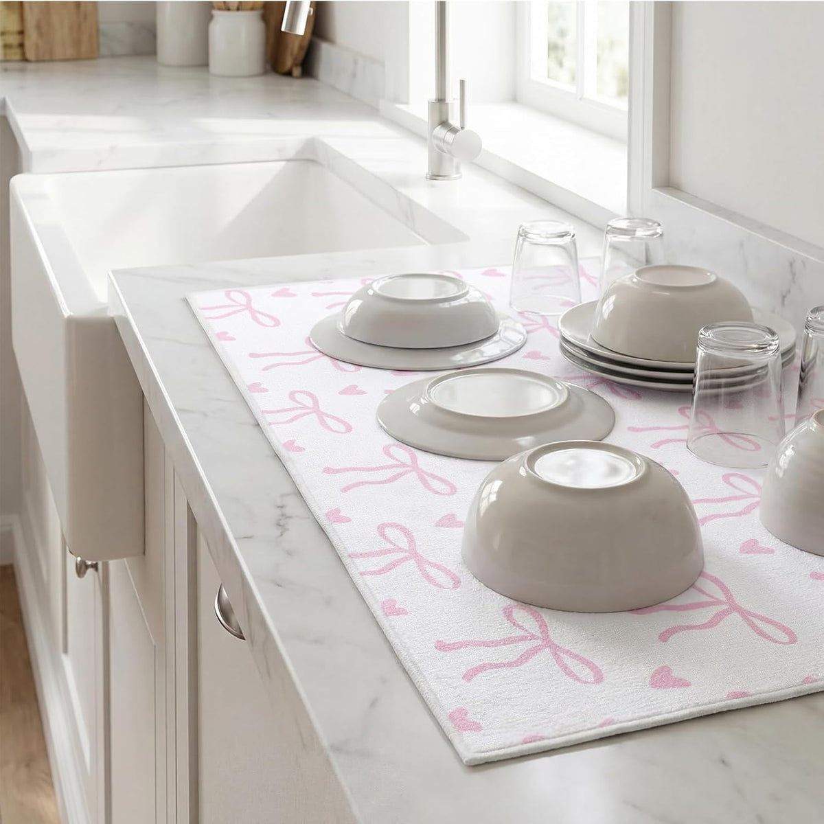 Pink Bow Dish Drying Mat