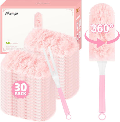 Duster Refills for Swiffer Duster, 30 Count Pink Duster Kit with Handle