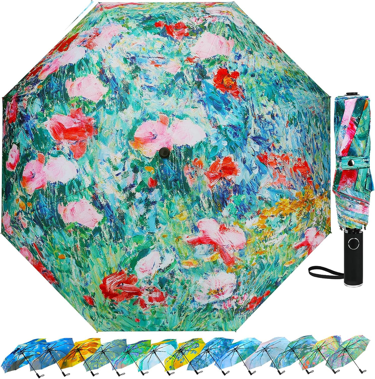 Van Gogh Folding Umbrella, Travel Umbrella with Starry Night Design, Auto Open & Close - Portable Compact Umbrella - Lightweight & Packable for Women & Men