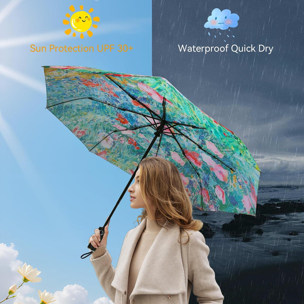 Van Gogh Folding Umbrella, Travel Umbrella with Starry Night Design, Auto Open & Close - Portable Compact Umbrella - Lightweight & Packable for Women & Men