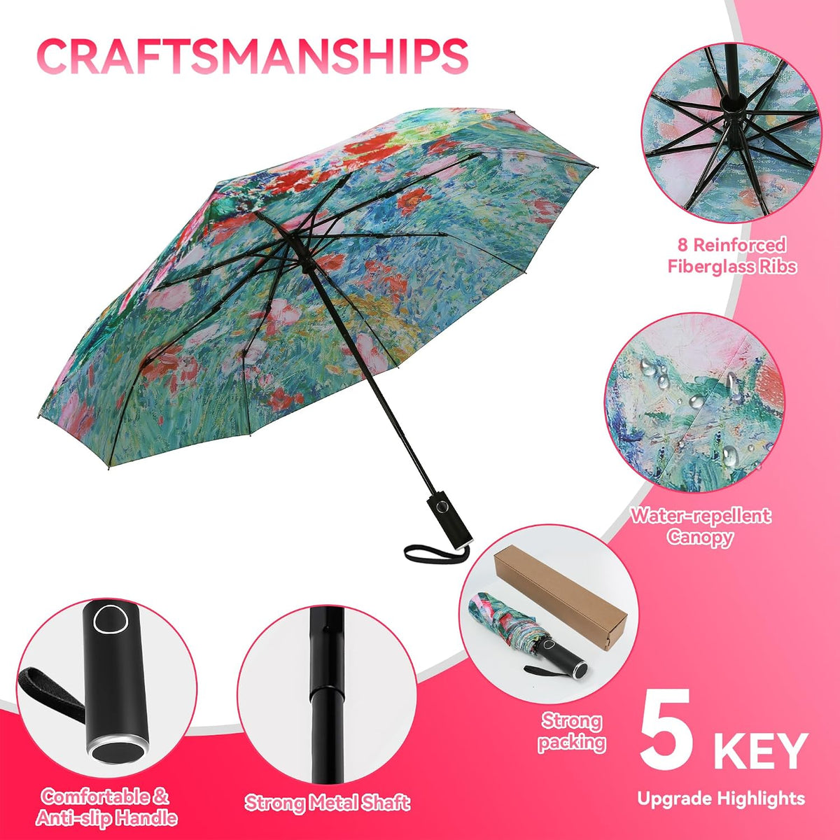 Van Gogh Folding Umbrella, Travel Umbrella with Starry Night Design, Auto Open & Close - Portable Compact Umbrella - Lightweight & Packable for Women & Men