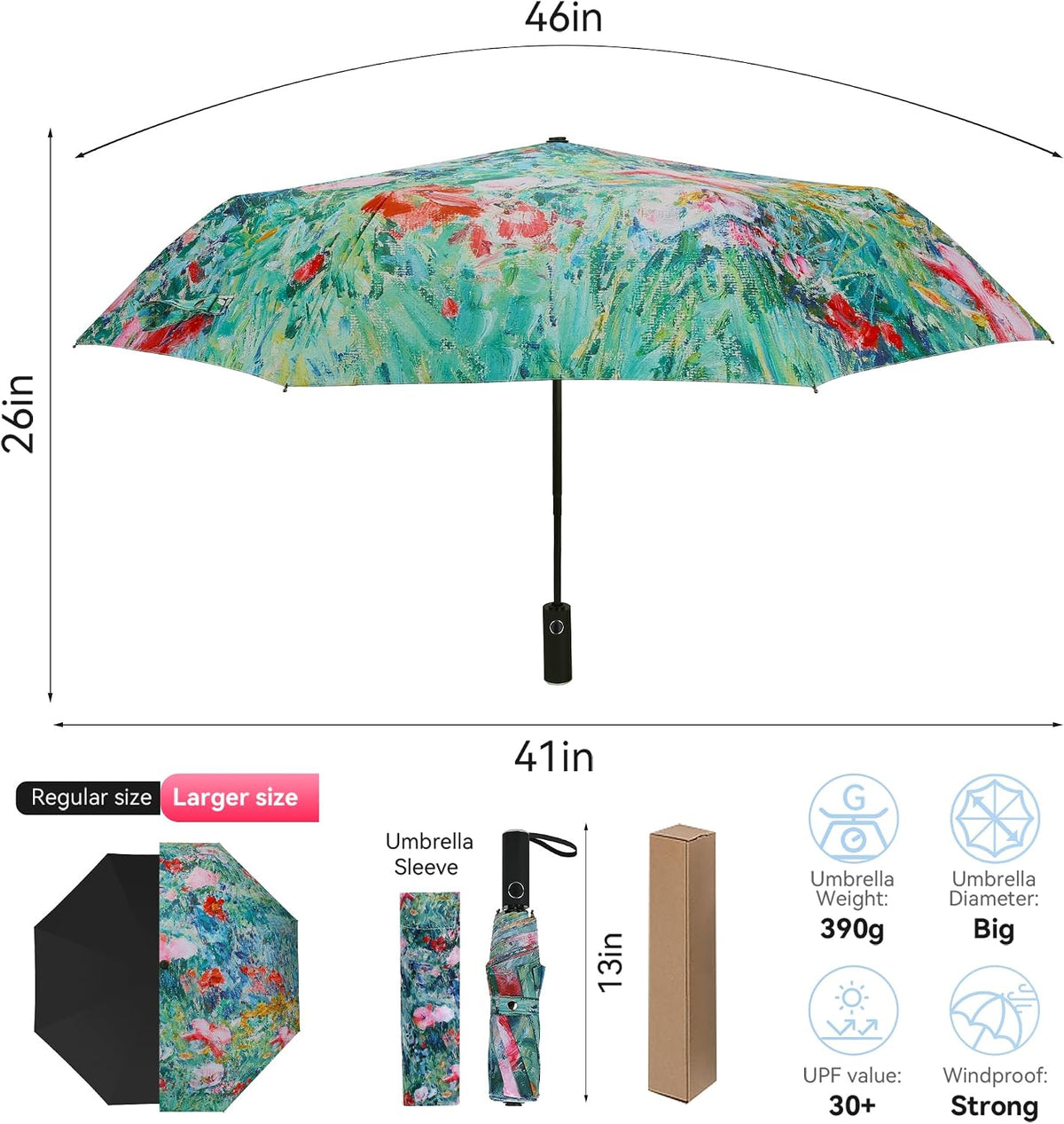 Van Gogh Folding Umbrella, Travel Umbrella with Starry Night Design, Auto Open & Close - Portable Compact Umbrella - Lightweight & Packable for Women & Men