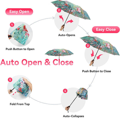 Van Gogh Folding Umbrella, Travel Umbrella with Starry Night Design, Auto Open & Close - Portable Compact Umbrella - Lightweight & Packable for Women & Men