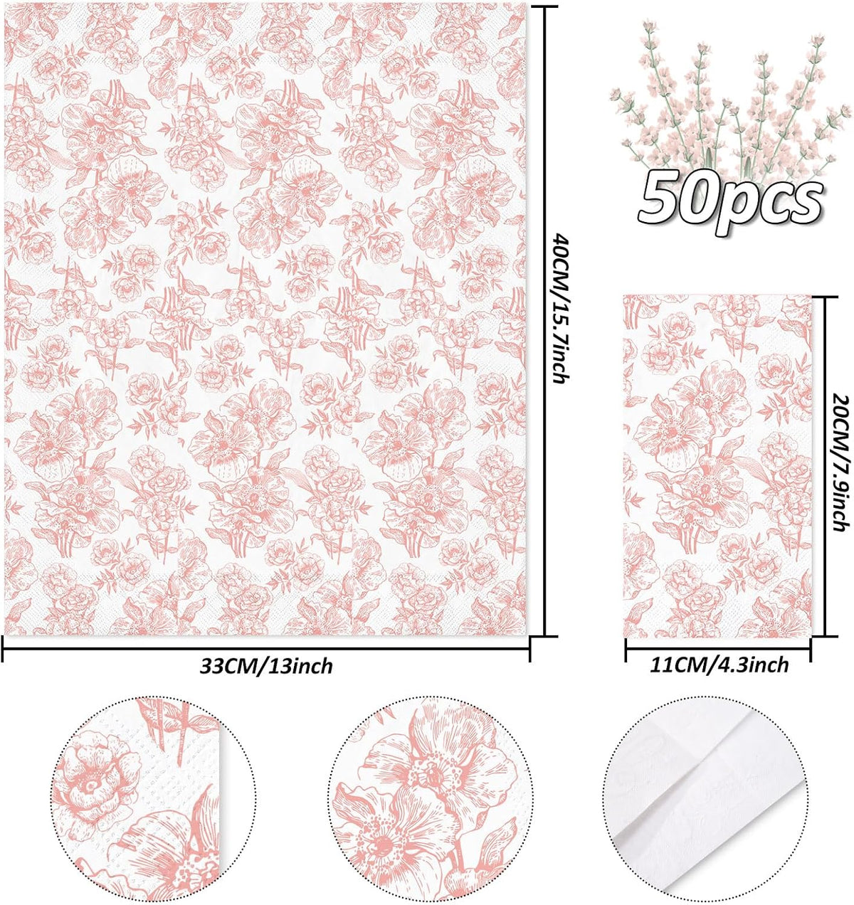 50 Pack Pink Floral Guest Napkins White Pink Flower Disposable Paper Napkins Spring Dinner Hand Towel Napkin for Mother's Day Wedding Baby Shower Kitchen Bathroom