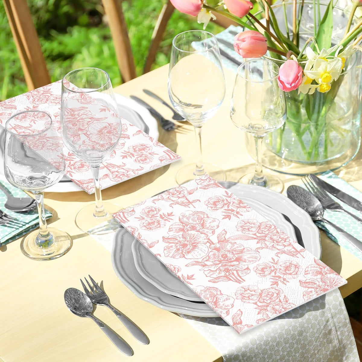 50 Pack Pink Floral Guest Napkins White Pink Flower Disposable Paper Napkins Spring Dinner Hand Towel Napkin for Mother's Day Wedding Baby Shower Kitchen Bathroom