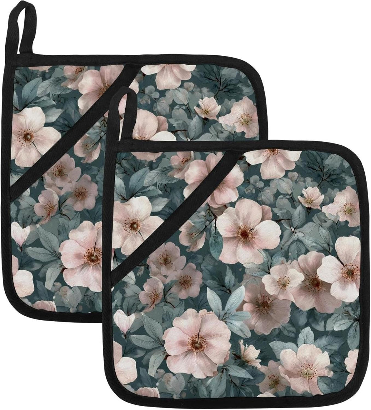 Heat Resistant Pot Holder Set, Light Pink Flowers and Sage Green Leaves Hot Pads Potholder for Kitchen, Washable Oven Mitts for Cooking Baking Pans