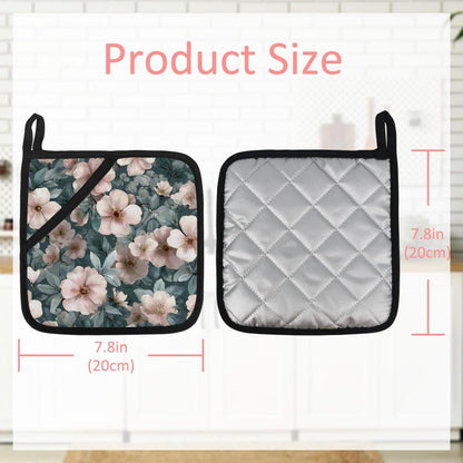 Heat Resistant Pot Holder Set, Light Pink Flowers and Sage Green Leaves Hot Pads Potholder for Kitchen, Washable Oven Mitts for Cooking Baking Pans