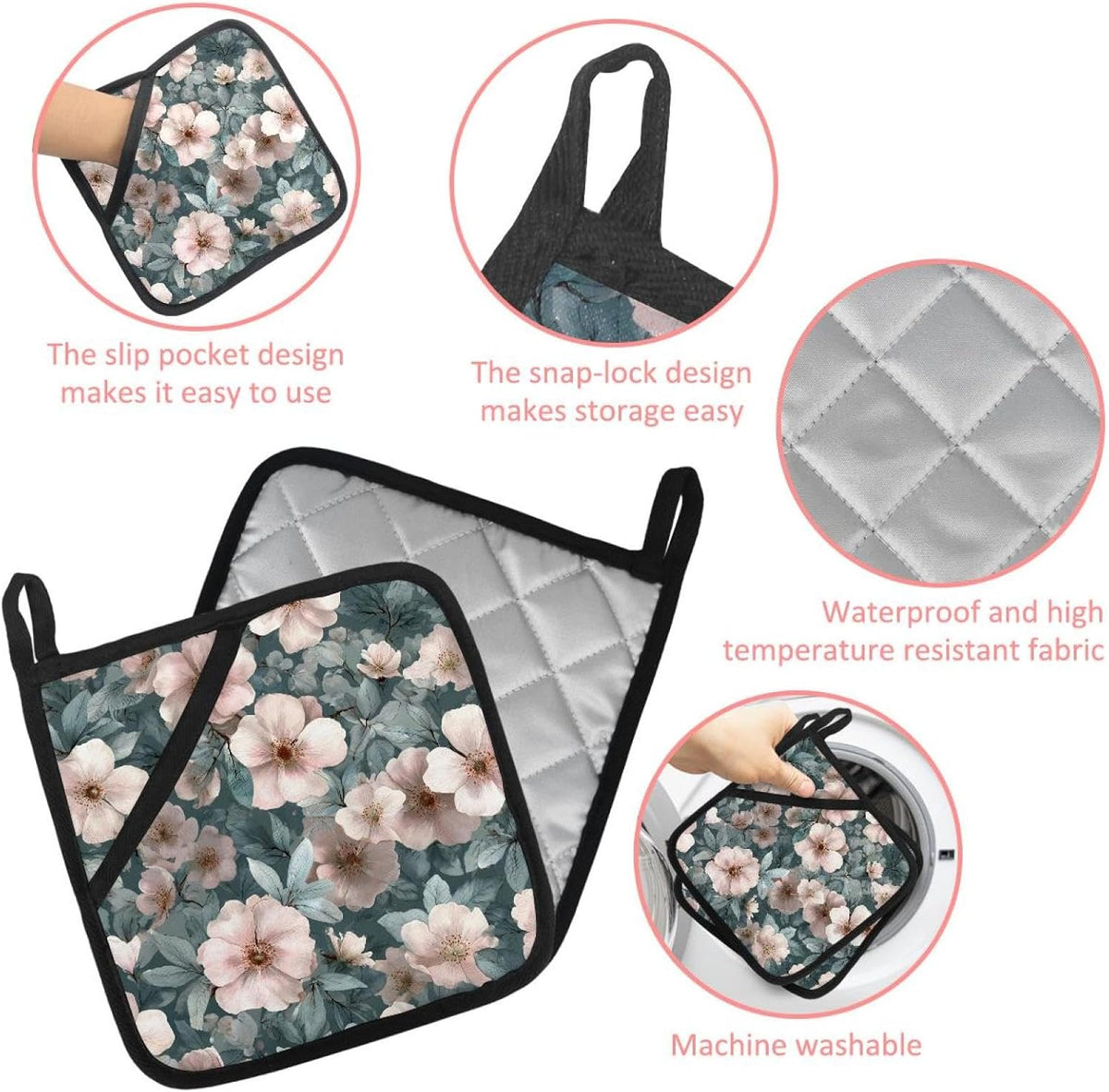Heat Resistant Pot Holder Set, Light Pink Flowers and Sage Green Leaves Hot Pads Potholder for Kitchen, Washable Oven Mitts for Cooking Baking Pans