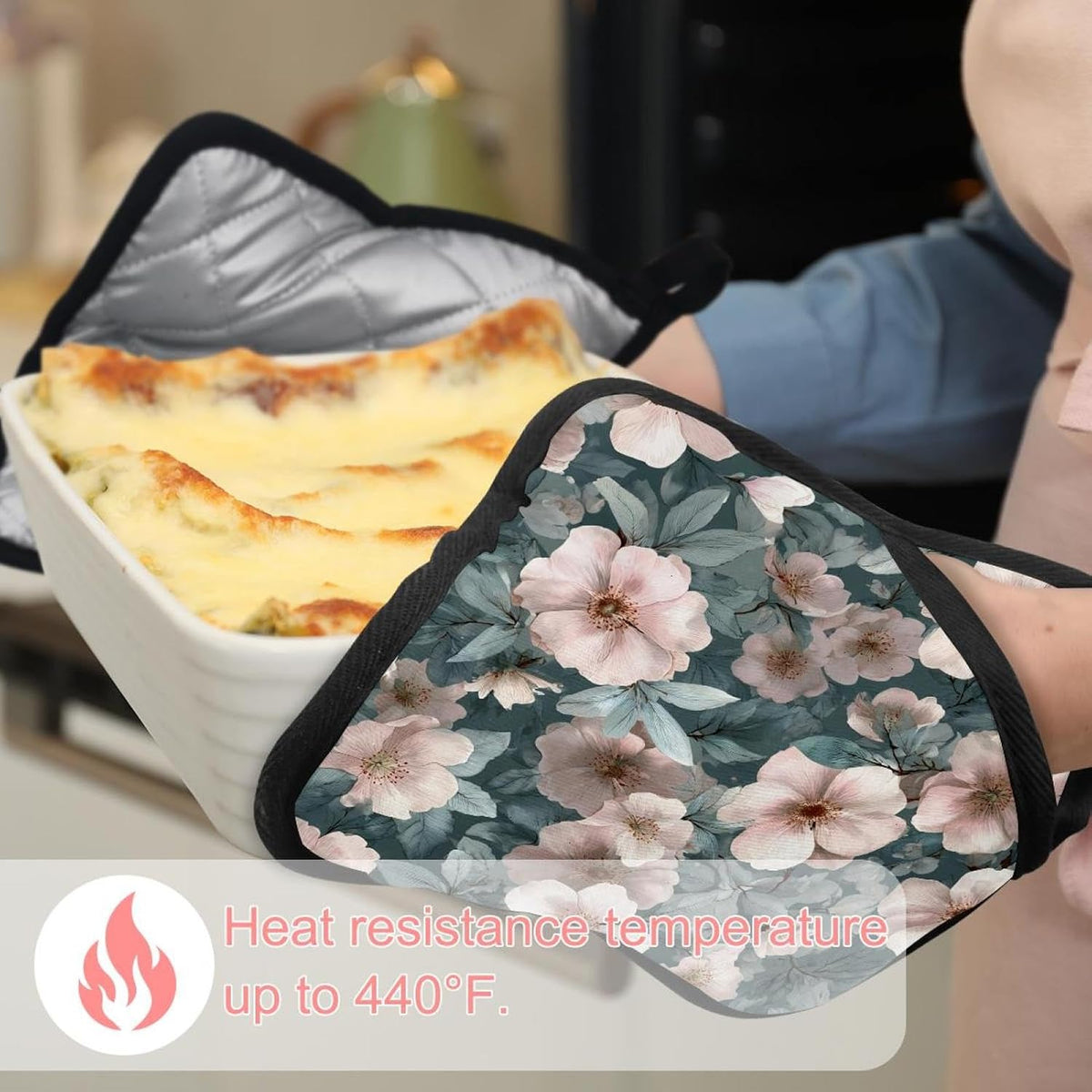 Heat Resistant Pot Holder Set, Light Pink Flowers and Sage Green Leaves Hot Pads Potholder for Kitchen, Washable Oven Mitts for Cooking Baking Pans