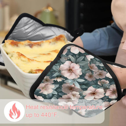 Heat Resistant Pot Holder Set, Light Pink Flowers and Sage Green Leaves Hot Pads Potholder for Kitchen, Washable Oven Mitts for Cooking Baking Pans