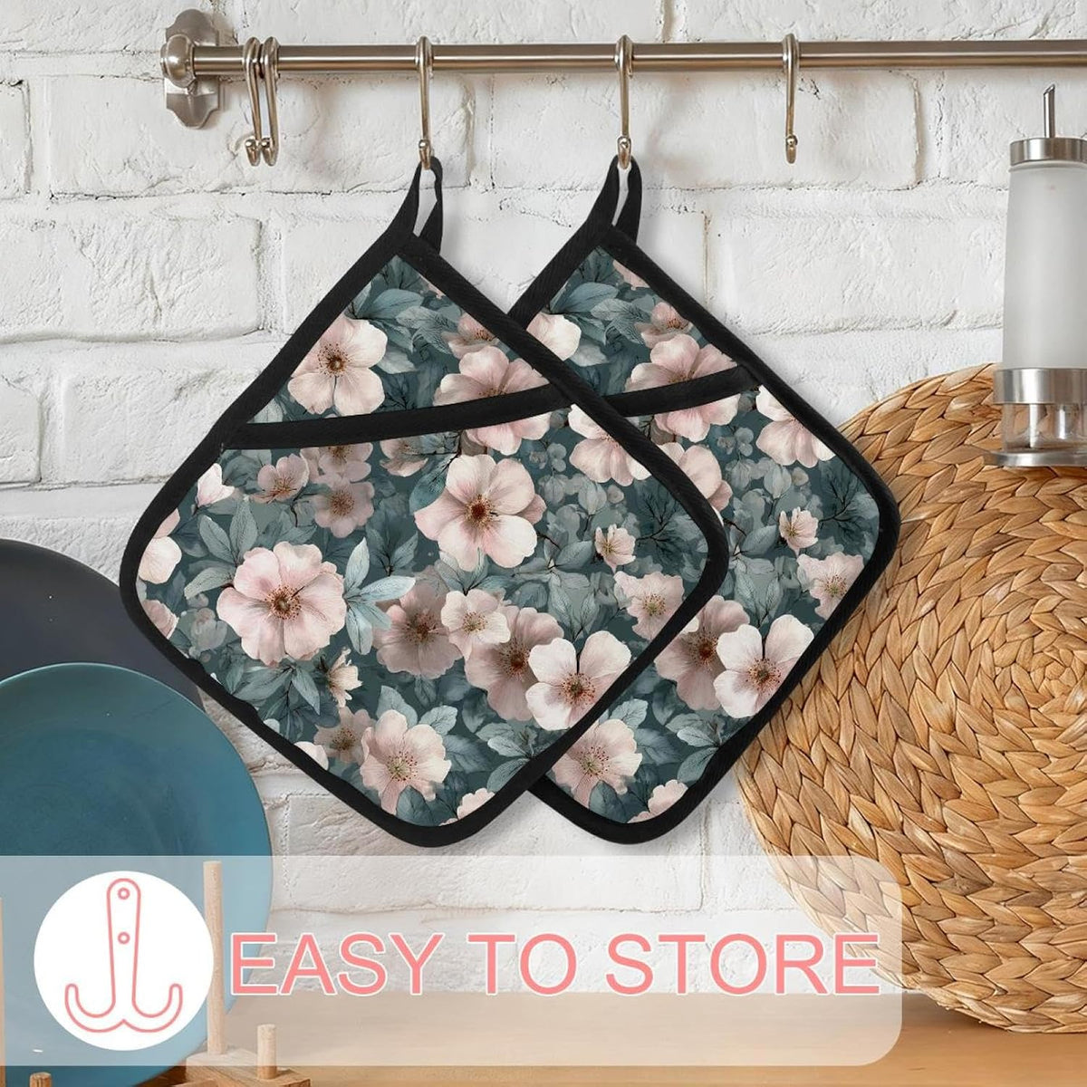 Heat Resistant Pot Holder Set, Light Pink Flowers and Sage Green Leaves Hot Pads Potholder for Kitchen, Washable Oven Mitts for Cooking Baking Pans