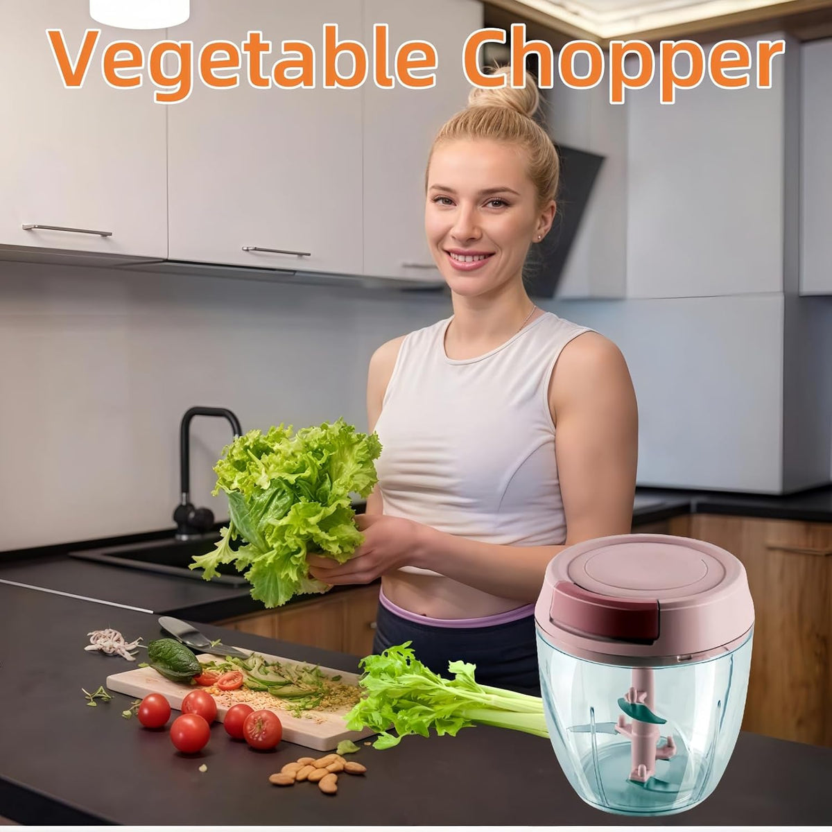 Manual Food Processor, Garlic Mincer Hand Cutter, Vegetable Chopper for Kitchen Gadgets, Hand Pull String onion chopper for Veggies, Ginger, Fruits, Nuts, Herbs, etc, 1000ML (pink)