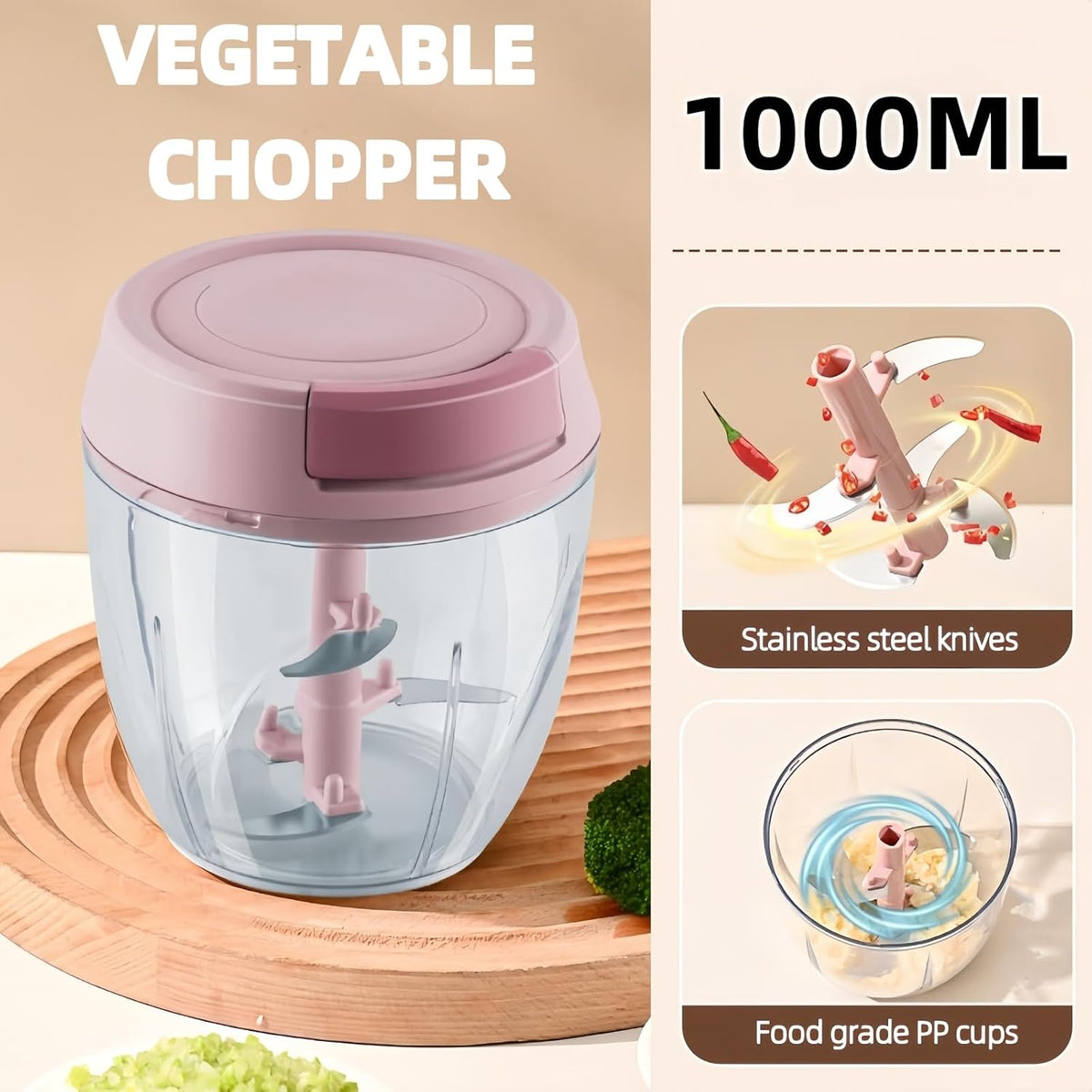 Manual Food Processor, Garlic Mincer Hand Cutter, Vegetable Chopper for Kitchen Gadgets, Hand Pull String onion chopper for Veggies, Ginger, Fruits, Nuts, Herbs, etc, 1000ML (pink)