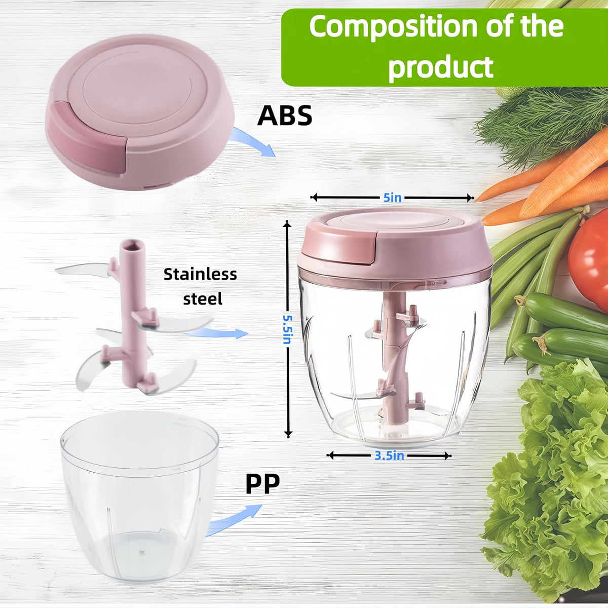 Manual Food Processor, Garlic Mincer Hand Cutter, Vegetable Chopper for Kitchen Gadgets, Hand Pull String onion chopper for Veggies, Ginger, Fruits, Nuts, Herbs, etc, 1000ML (pink)