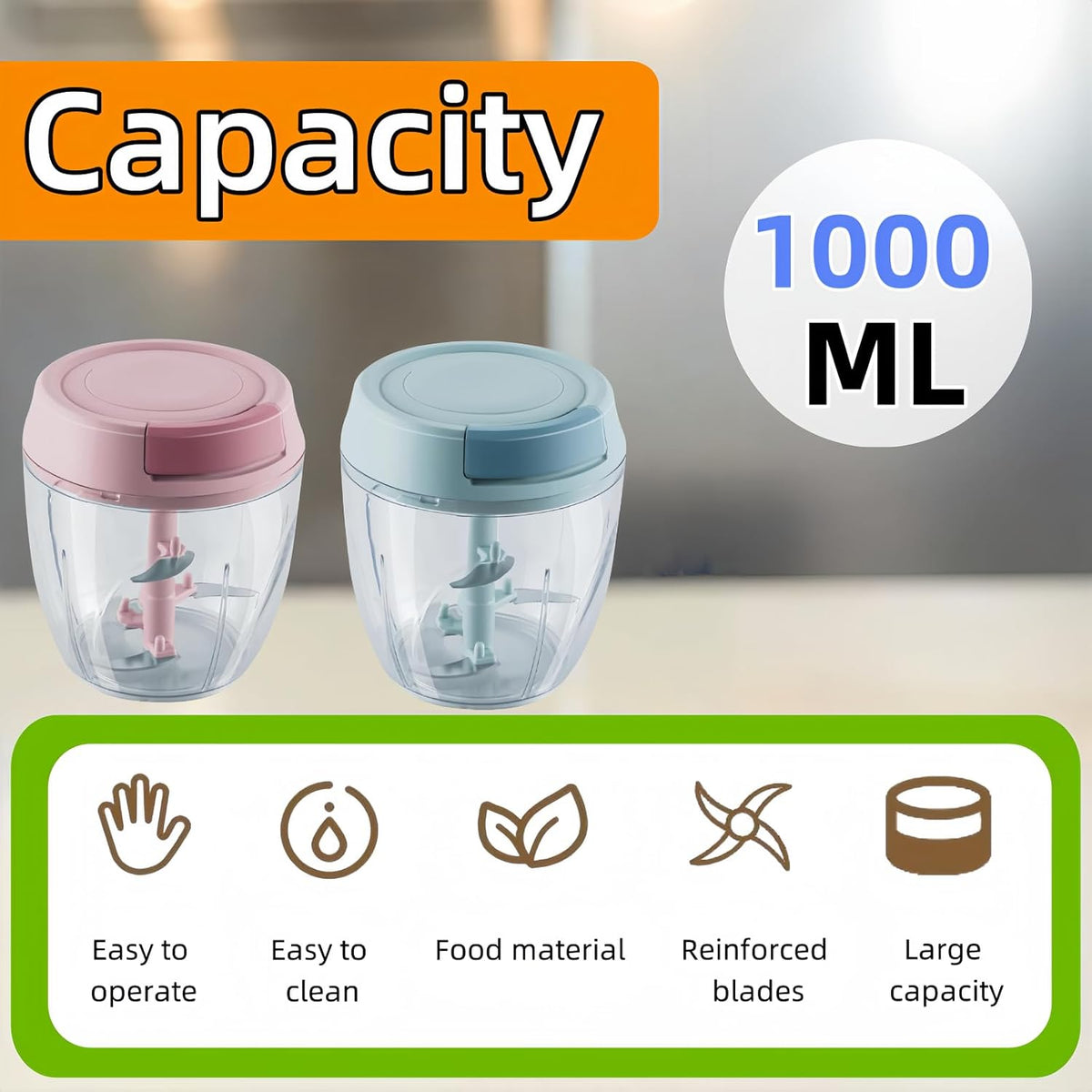 Manual Food Processor, Garlic Mincer Hand Cutter, Vegetable Chopper for Kitchen Gadgets, Hand Pull String onion chopper for Veggies, Ginger, Fruits, Nuts, Herbs, etc, 1000ML (pink)