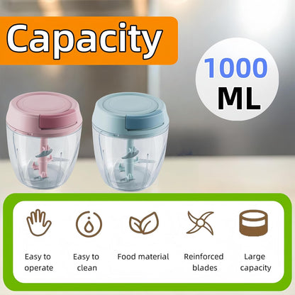 Manual Food Processor, Garlic Mincer Hand Cutter, Vegetable Chopper for Kitchen Gadgets, Hand Pull String onion chopper for Veggies, Ginger, Fruits, Nuts, Herbs, etc, 1000ML (pink)