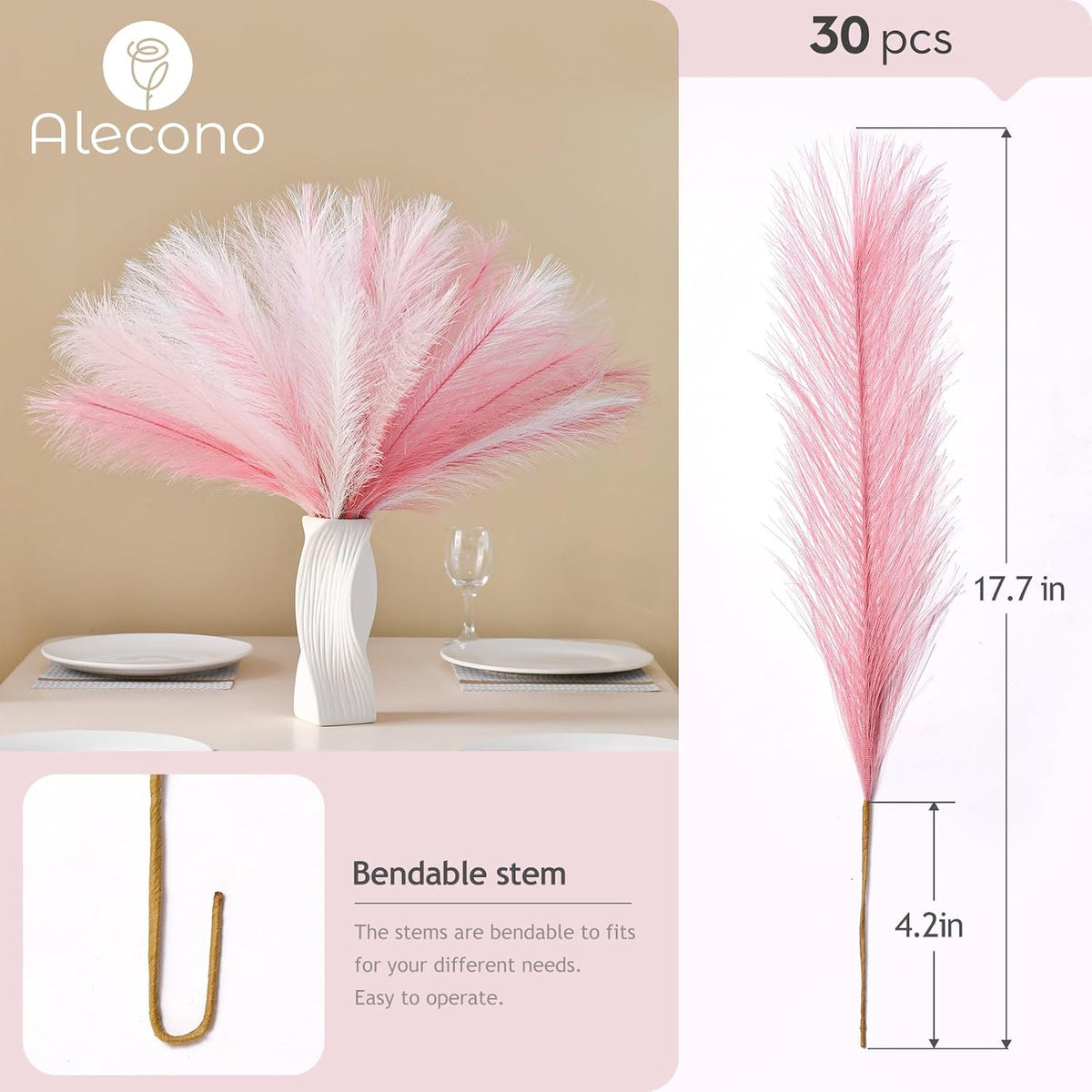 Alecono 30pcs Pampas Grass 17in, Pink Pampas Grass Decor for Home Decoration