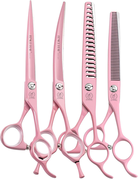 7" Professional Dog Grooming Scissors Set, Japanese 440C Stainless Steel Straight Thinning Curved Chunker Shears for Pet Grooming, Trimming Face, Paws, Pink
