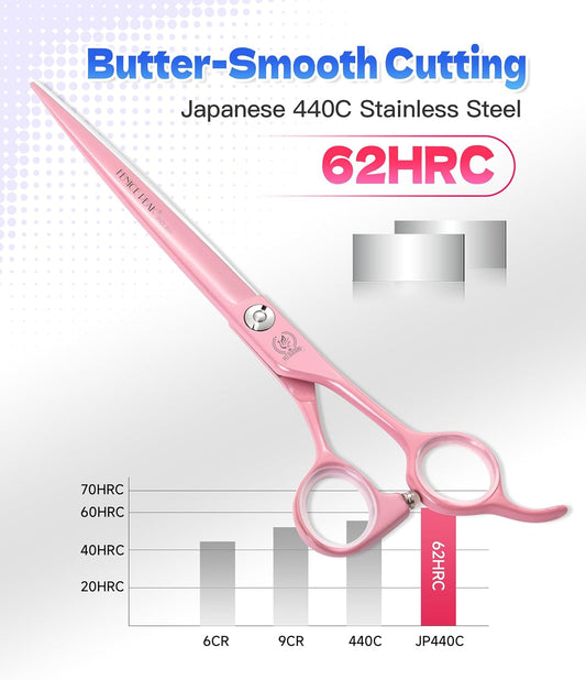 7" Professional Dog Grooming Scissors Set, Japanese 440C Stainless Steel Straight Thinning Curved Chunker Shears for Pet Grooming, Trimming Face, Paws, Pink