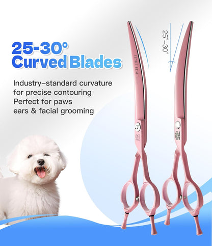 7" Professional Dog Grooming Scissors Set, Japanese 440C Stainless Steel Straight Thinning Curved Chunker Shears for Pet Grooming, Trimming Face, Paws, Pink