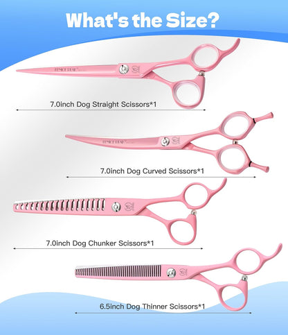 7" Professional Dog Grooming Scissors Set, Japanese 440C Stainless Steel Straight Thinning Curved Chunker Shears for Pet Grooming, Trimming Face, Paws, Pink