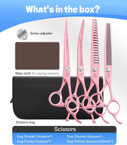 7" Professional Dog Grooming Scissors Set, Japanese 440C Stainless Steel Straight Thinning Curved Chunker Shears for Pet Grooming, Trimming Face, Paws, Pink