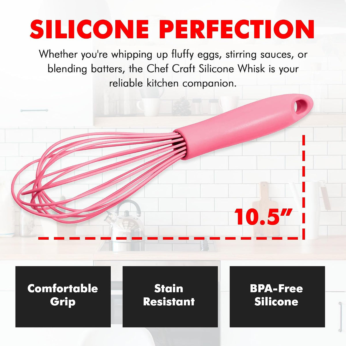 Premium Silicone Wire Cooking Whisk, 10.5 inch, Pink
