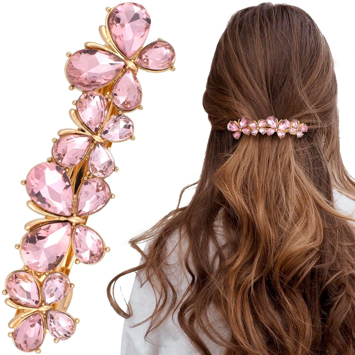 Rhinestone Hair Clips, Bridal Hair Accessories for Women, Sparkly Crystal Hair Pins, Fancy Hair Barrettes for Wedding, Bride, Long Hair (Pink Butterfly, 1 Pcs)