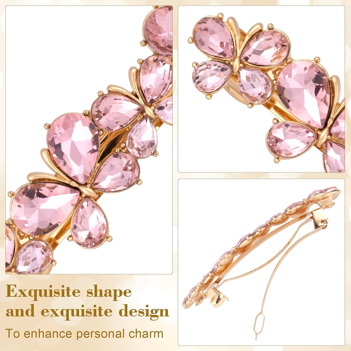 Rhinestone Hair Clips, Bridal Hair Accessories for Women, Sparkly Crystal Hair Pins, Fancy Hair Barrettes for Wedding, Bride, Long Hair (Pink Butterfly, 1 Pcs)