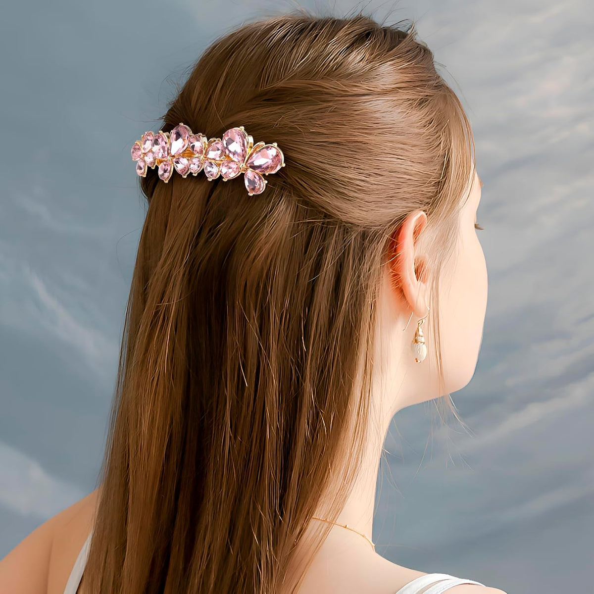 Rhinestone Hair Clips, Bridal Hair Accessories for Women, Sparkly Crystal Hair Pins, Fancy Hair Barrettes for Wedding, Bride, Long Hair (Pink Butterfly, 1 Pcs)