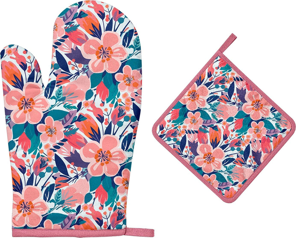 Pink Flowers Oven Mitts and Pot Holders Sets, Heat Resistant Kitchen Gloves Hot Pads
