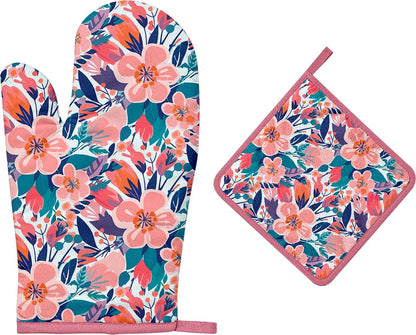 Pink Flowers Oven Mitts and Pot Holders Sets, Heat Resistant Kitchen Gloves Hot Pads