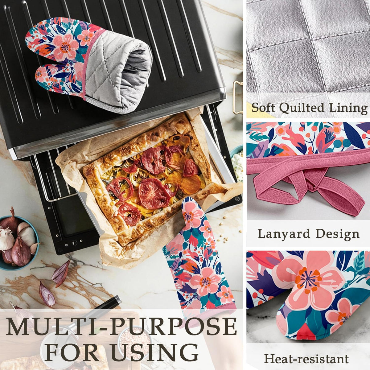 Pink Flowers Oven Mitts and Pot Holders Sets, Heat Resistant Kitchen Gloves Hot Pads