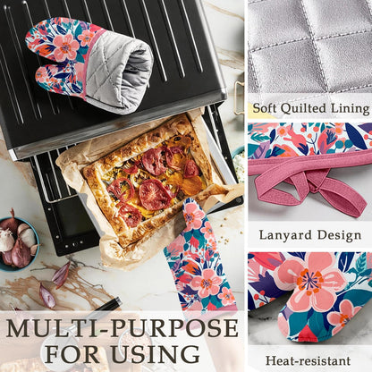 Pink Flowers Oven Mitts and Pot Holders Sets, Heat Resistant Kitchen Gloves Hot Pads