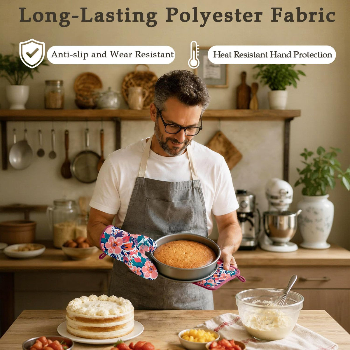 Pink Flowers Oven Mitts and Pot Holders Sets, Heat Resistant Kitchen Gloves Hot Pads