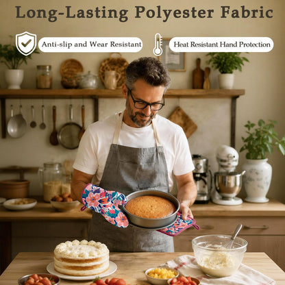 Pink Flowers Oven Mitts and Pot Holders Sets, Heat Resistant Kitchen Gloves Hot Pads