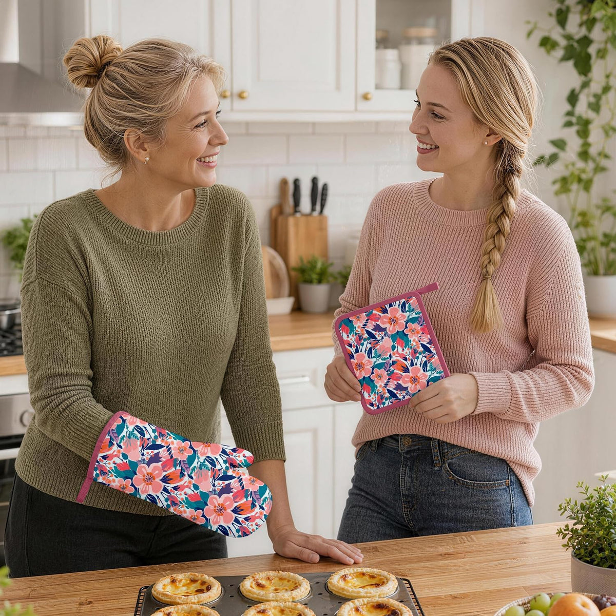 Pink Flowers Oven Mitts and Pot Holders Sets, Heat Resistant Kitchen Gloves Hot Pads