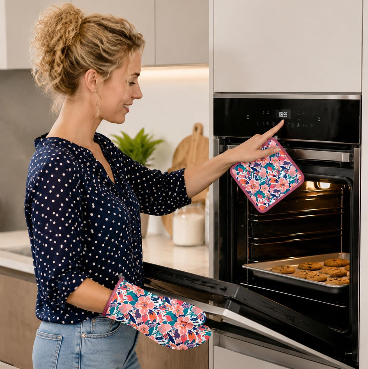 Pink Flowers Oven Mitts and Pot Holders Sets, Heat Resistant Kitchen Gloves Hot Pads