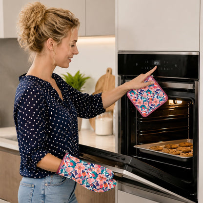 Pink Flowers Oven Mitts and Pot Holders Sets, Heat Resistant Kitchen Gloves Hot Pads