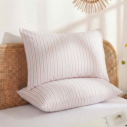 Standard Size Pillowcases, 100% Cotton Pillow Cases, White & Pink Striped Pillowcases, Soft Breathable Ticker Stripe Pillow Covers, Set of 2