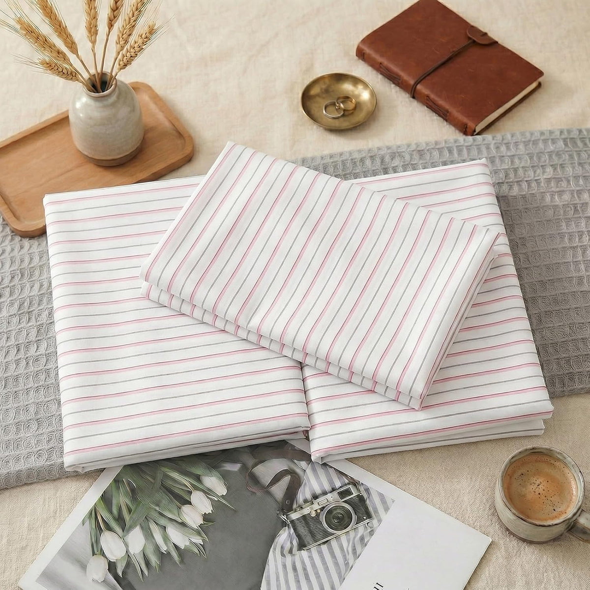 Standard Size Pillowcases, 100% Cotton Pillow Cases, White & Pink Striped Pillowcases, Soft Breathable Ticker Stripe Pillow Covers, Set of 2