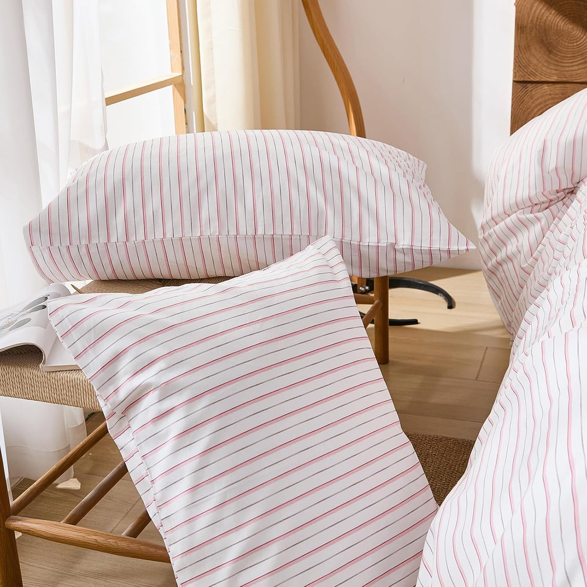 Standard Size Pillowcases, 100% Cotton Pillow Cases, White & Pink Striped Pillowcases, Soft Breathable Ticker Stripe Pillow Covers, Set of 2
