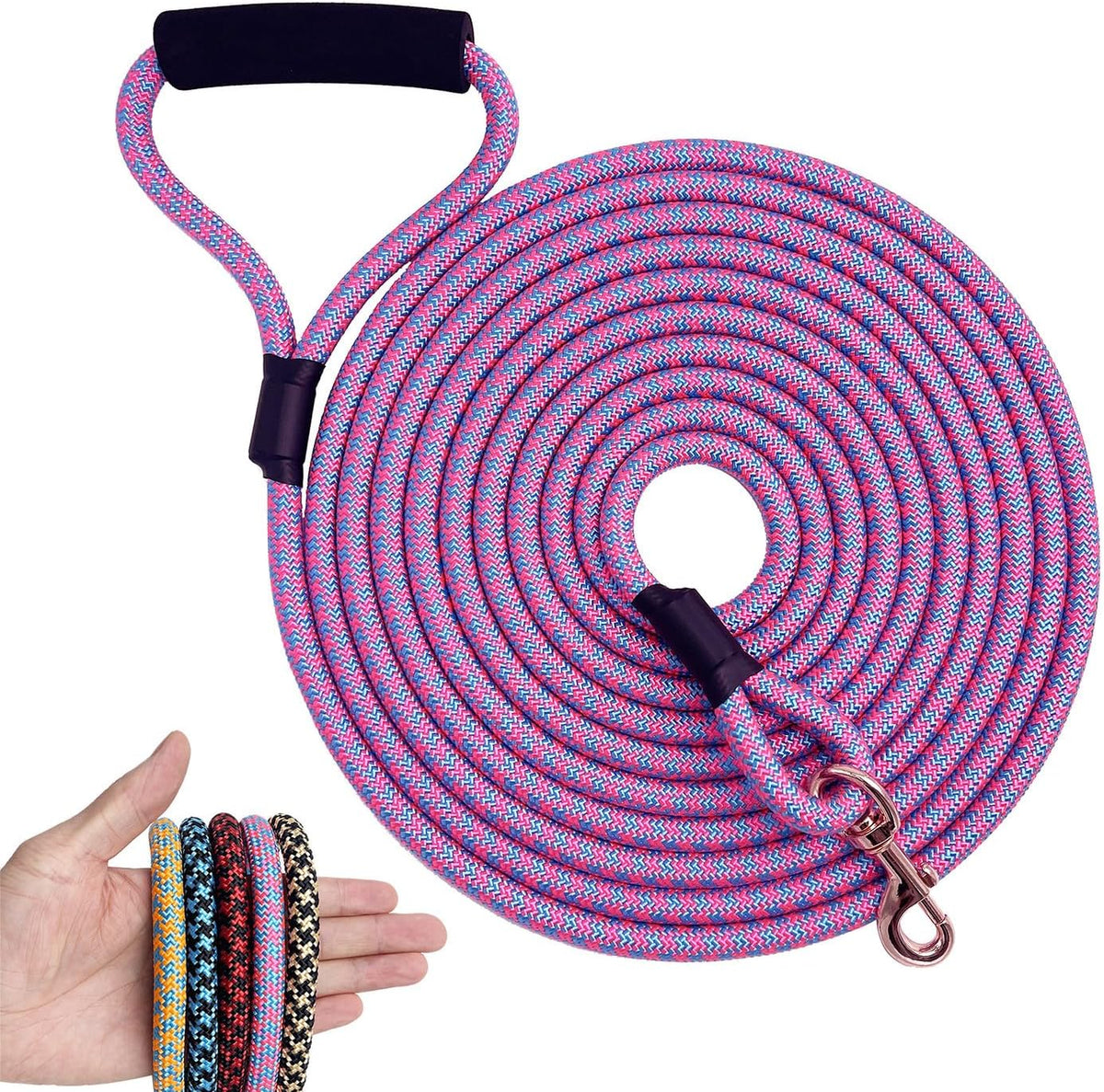Nylon Strong Dog Rope Lead Leash Training Dog Lead with Soft Handle 6-20 FT Long Pink/Blue (Dia:0.5" 15FT)