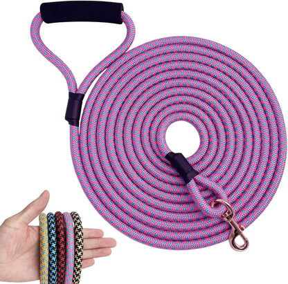 Nylon Strong Dog Rope Lead Leash Training Dog Lead with Soft Handle 6-20 FT Long Pink/Blue (Dia:0.5" 15FT)