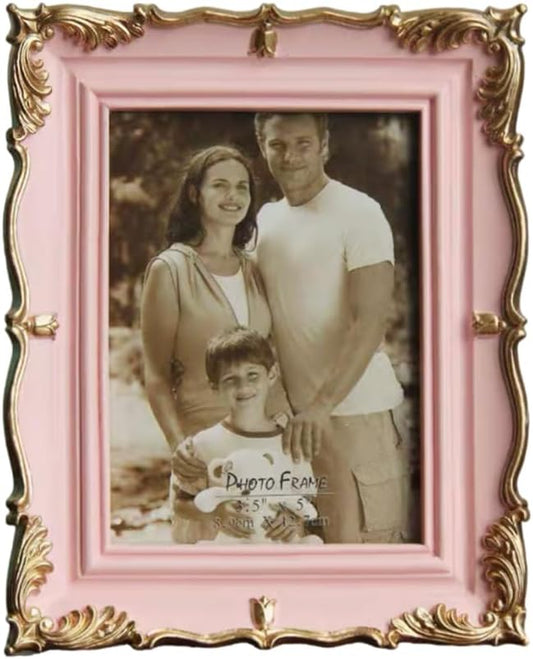 5 Inch Vintage Picture Frame Antique Photo Frame For Home Tabletop Fit For 3.5x5 Inch Photo (Pink)