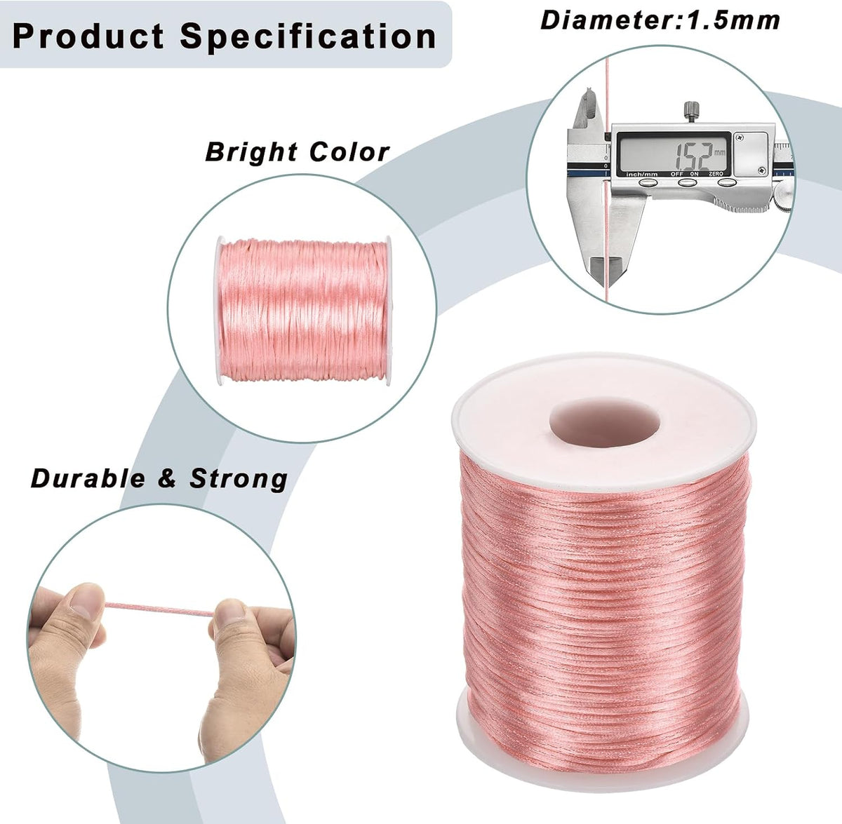 Nylon Satin Cord 1.5mm, 109 Yard Nylon String for Bracelet Braided Thread [for Jewelry Making Necklace Chinese Knot Craft] - Peach Pink